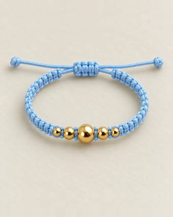 Pulsera de balines de oro 14k, cordón celeste