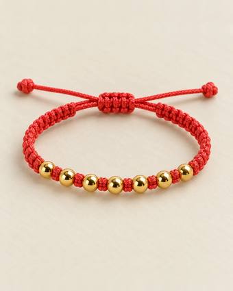 Pulsera de balines de oro 14k, cordón rojo