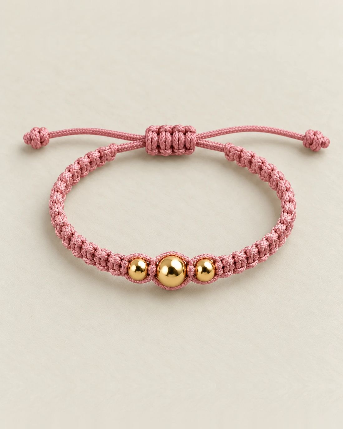 Pulsera de balines de oro 14k, cordón rosa, foto 1 de 2