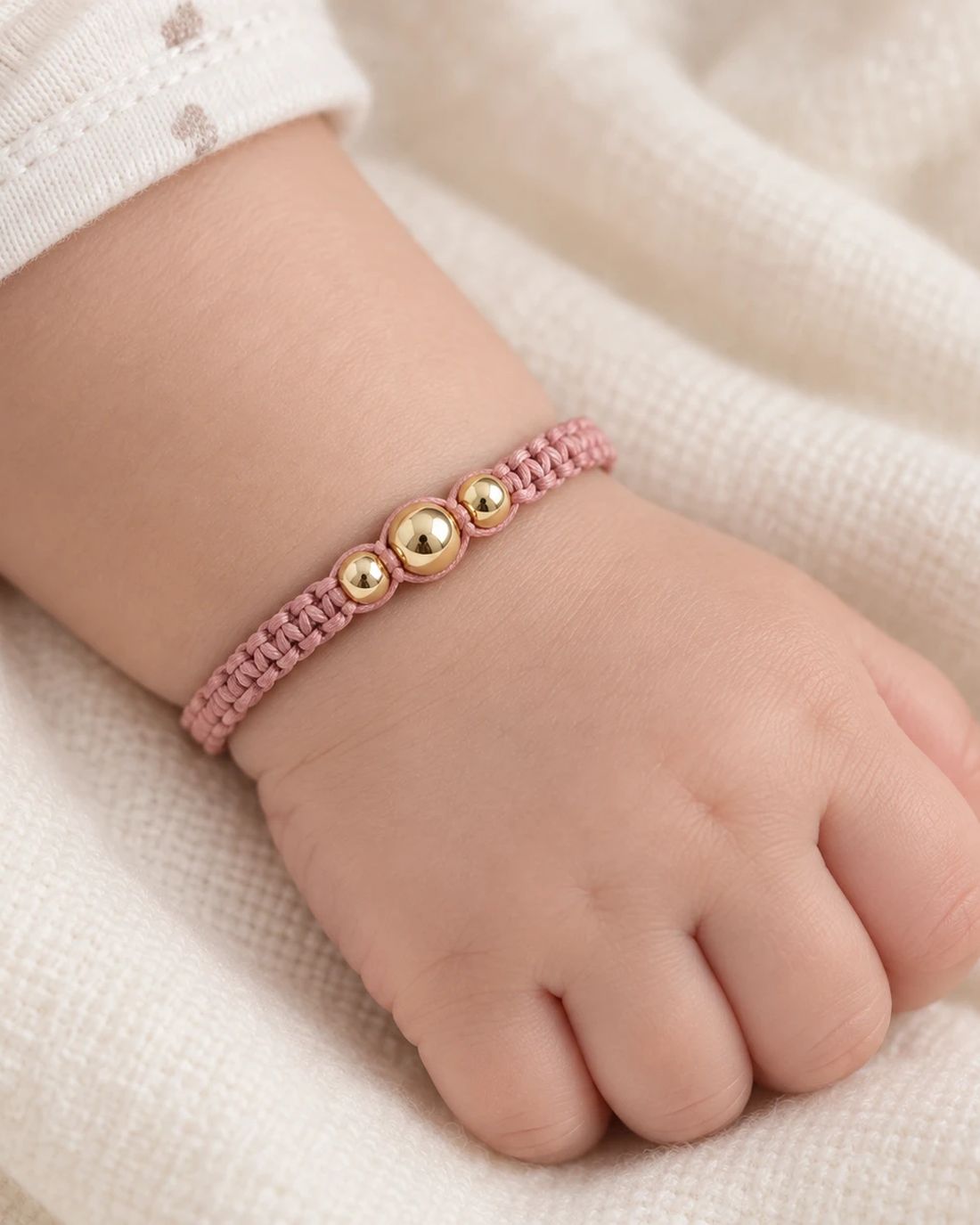 Pulsera de balines de oro 14k, cordón rosa, puesta en la muñeca