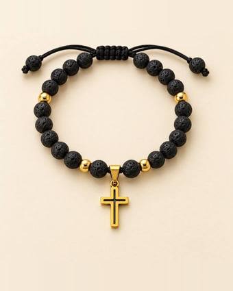 Pulsera de lava con cruz dorada