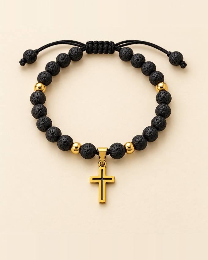 Pulsera de lava con cruz dorada