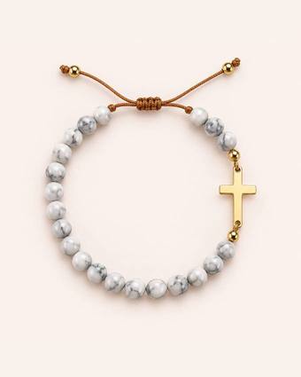 Pulsera de piedra gris con cruz