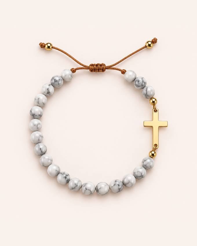 Pulsera de piedra gris con cruz