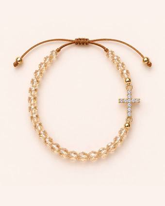Pulsera doble champaña con cruz de zirconias