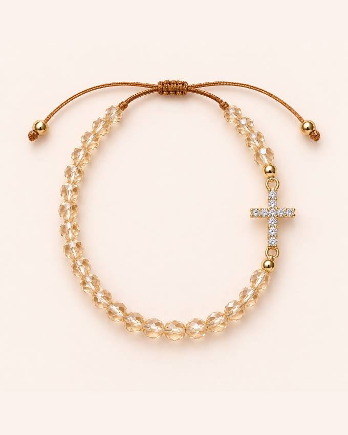 Pulsera doble champaña con cruz de zirconias