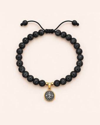 Pulsera de lava con medalla San Benito
