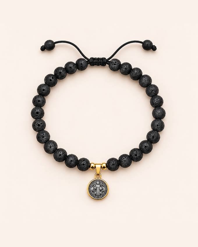 Pulsera de lava con medalla San Benito