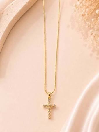 Cadena cruz de circonias, laminado oro 18k
