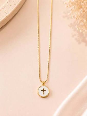 Cadena medalla de nácar con cruz, laminado oro 18k