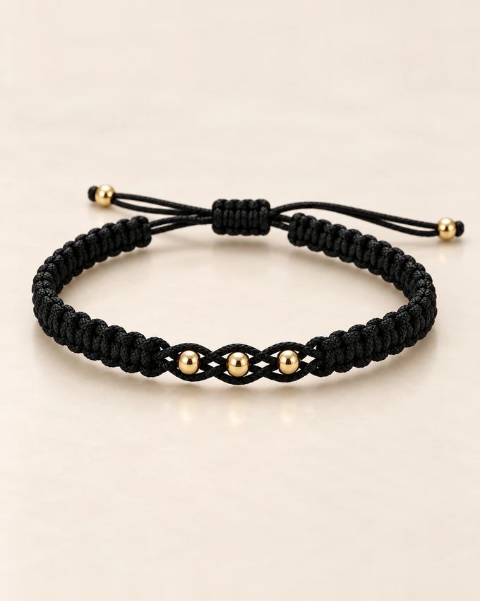Pulsera hilo negro con balines de oro 14k