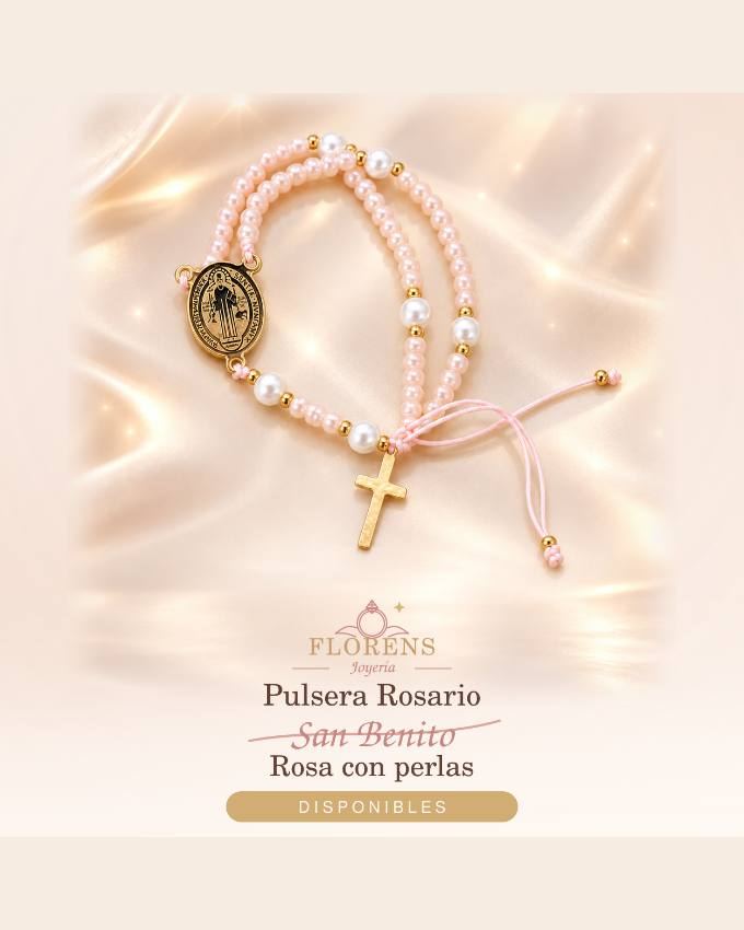 Pulsera rosario San Benito rosa con perlas