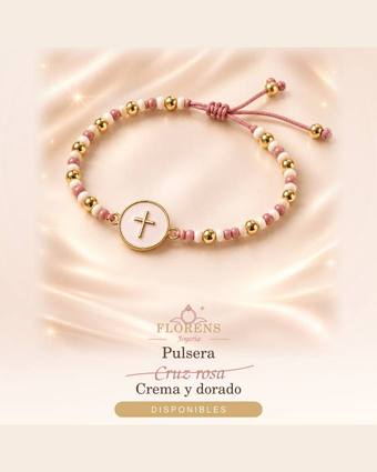 Pulsera cruz rosa, crema y dorado