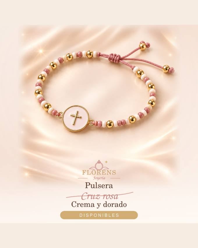 Pulsera cruz rosa, crema y dorado