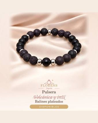 Pulsera volcánica de ónix y balines plateados