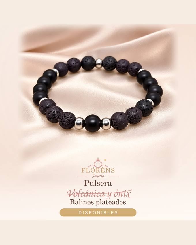 Pulsera volcánica de ónix y balines plateados