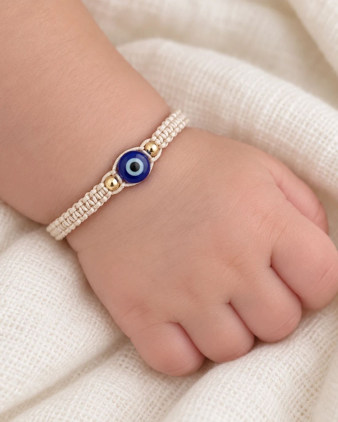 Pulsera ojo turco con balines de oro 14k, puesta en la muñeca