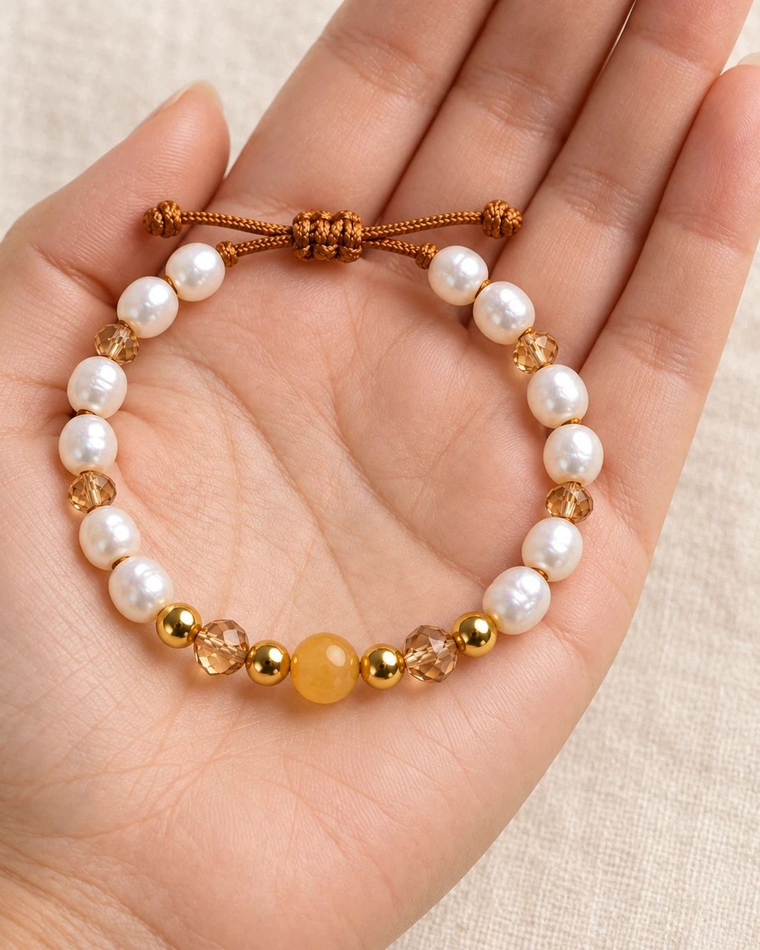 Pulsera Perla Ámbar Jade, puesta en la muñeca