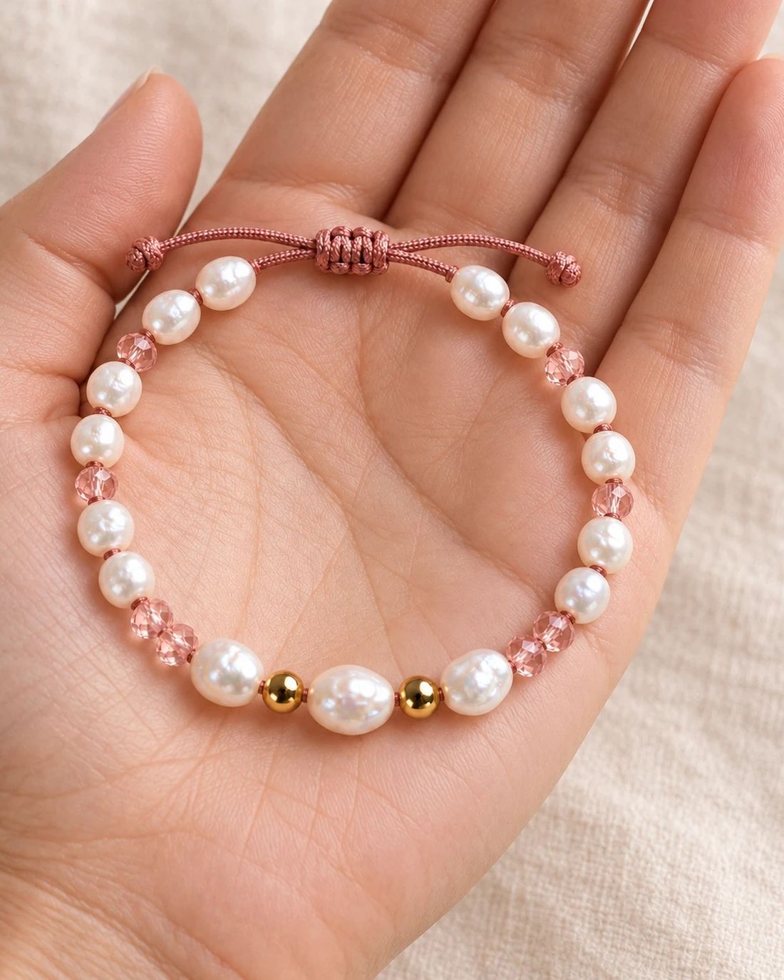 Pulsera Rosa, puesta en la muñeca