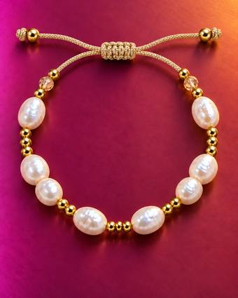 Pulsera de perla natural, cordón champán
