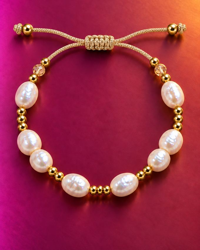 Pulsera de perla natural, cordón champán