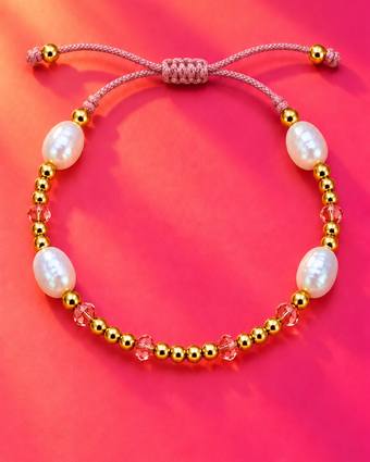 Pulsera de perla natural, cordón rosa