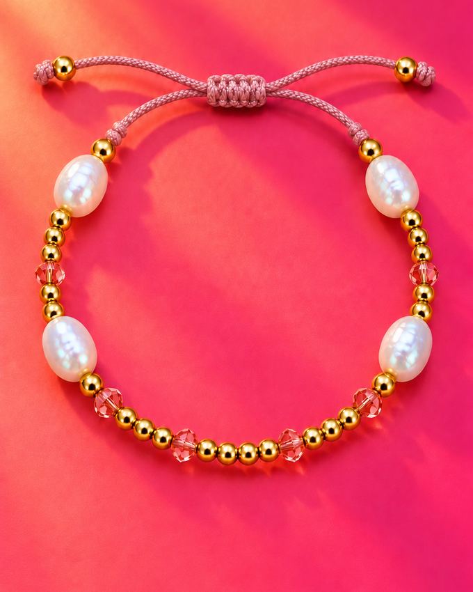 Pulsera de perla natural, cordón rosa