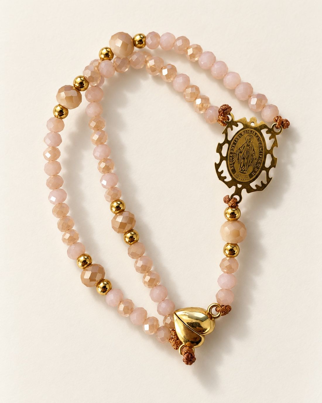 Collar rosario Milagrosa de cristal rosa champaña