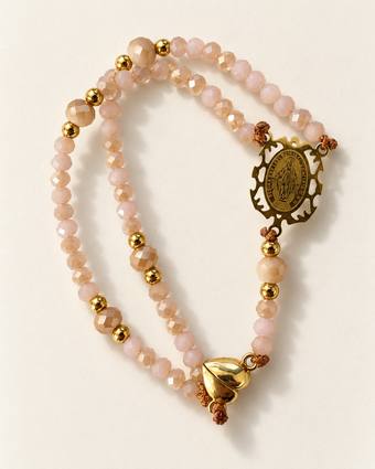 Collar rosario Milagrosa de cristal rosa champaña