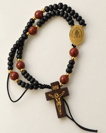 Pulsera rosario San Benito de madera negra y jaspe