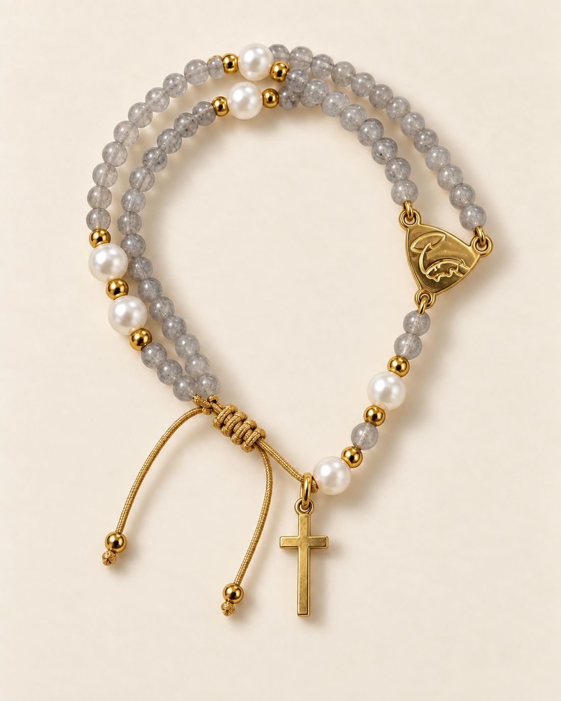 Pulsera rosario de cuarzo gris y perla