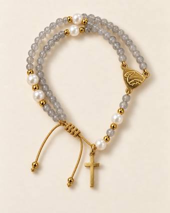 Pulsera rosario de cuarzo gris y perla