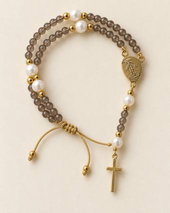 Pulsera rosario de cuarzo humo y perla