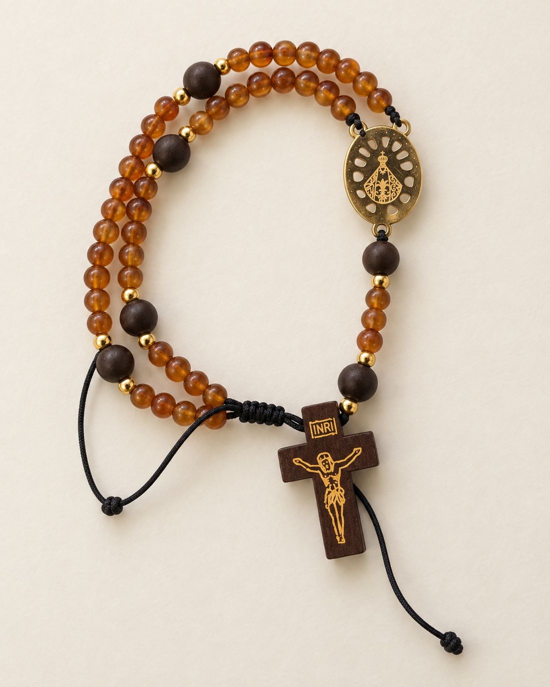 Pulsera rosario Suyapa de ámbar coñac y madera