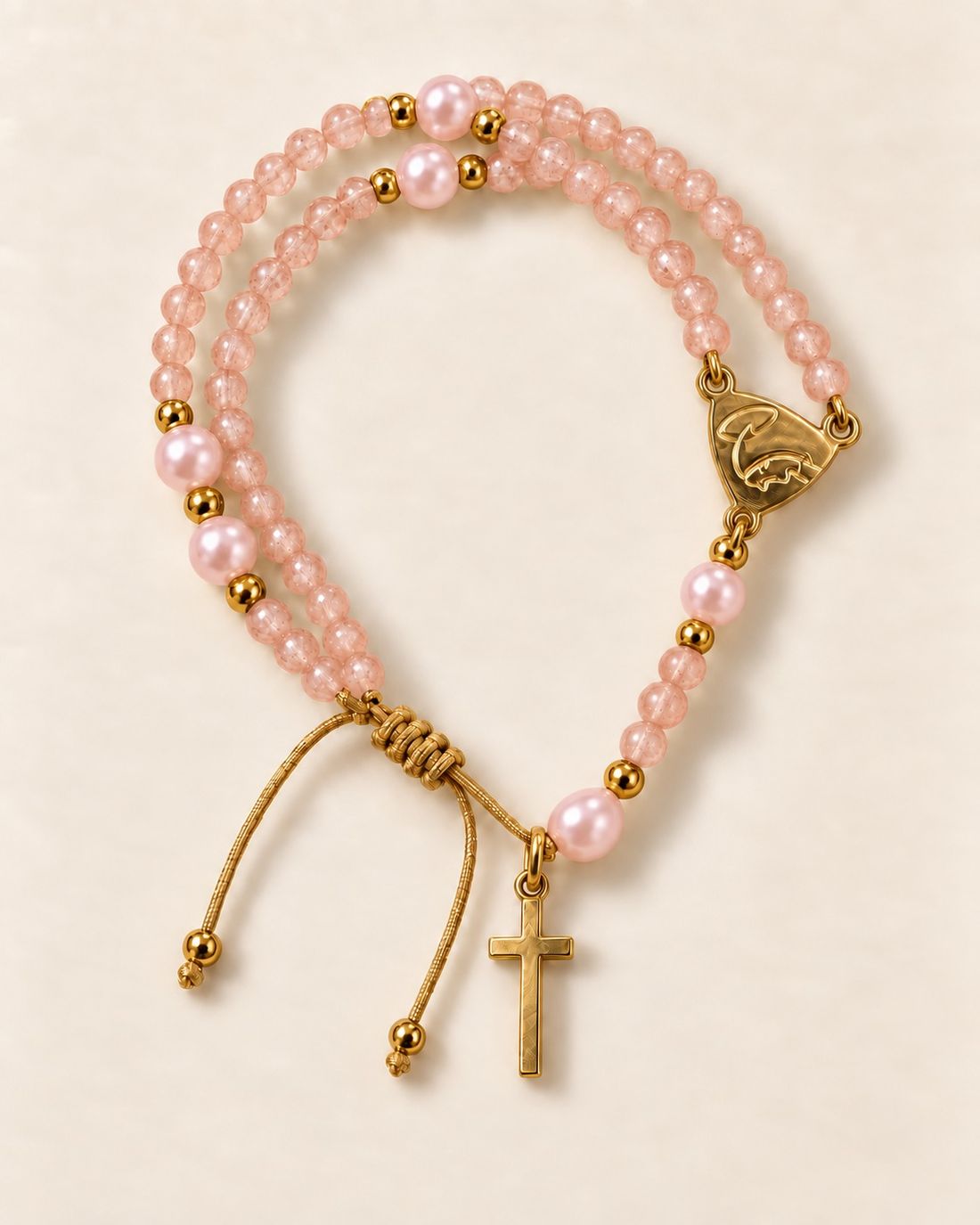 Pulsera rosario de cuarzo rosa y perla