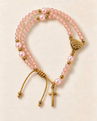 Pulsera rosario de cuarzo rosa y perla